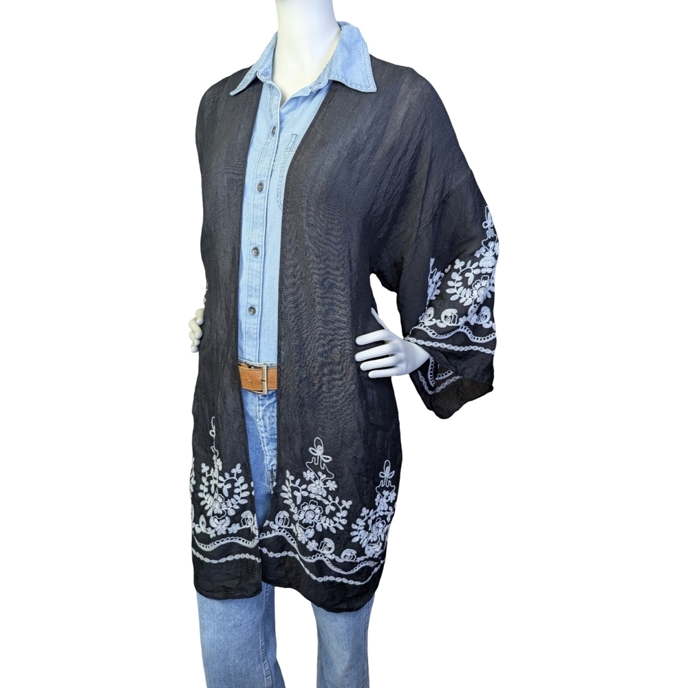 Sheer Black Embroidered Kimono Cardigan | Floral Stitch Detail | One Size - Picture 2 of 7
